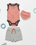 Baby clothing set laid out on a white background with size information for months 3, 6, 9, and 12. The set includes a coral sleeveless bodysuit with dark trim and 'ROAR loud' text, a matching coral bib, gray shorts with a coral drawstring, and gray leggings with a dinosaur patch.