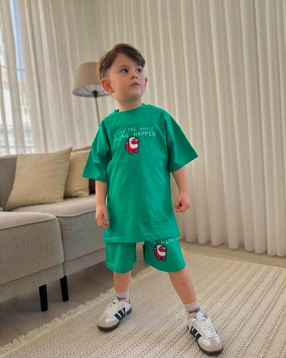 Green Cartoon Printed Cotton Short Set