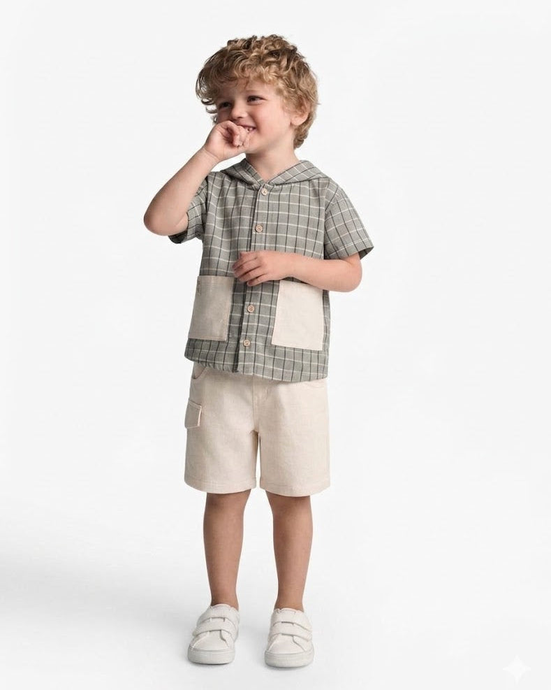 Two-Piece Grid Pattern Hooded Set- Blue and Grey (2-3-4 years)