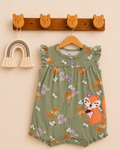 Green Fox Print One-Piece Cotton Romper