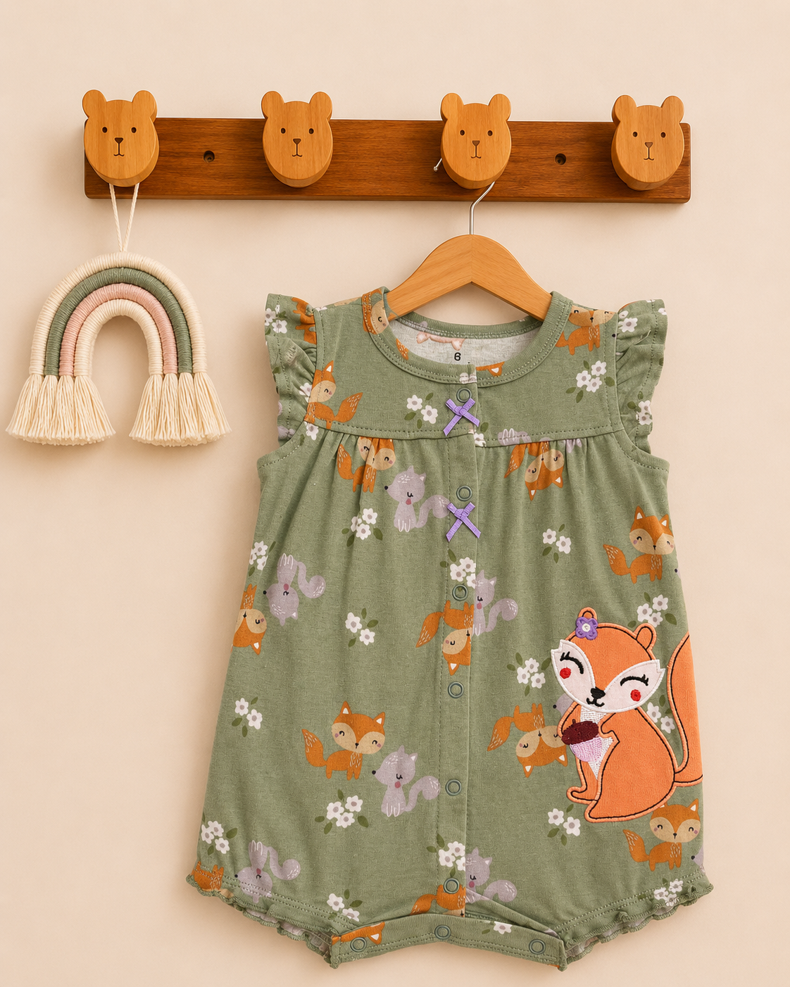 Green Fox Print One-Piece Cotton Romper