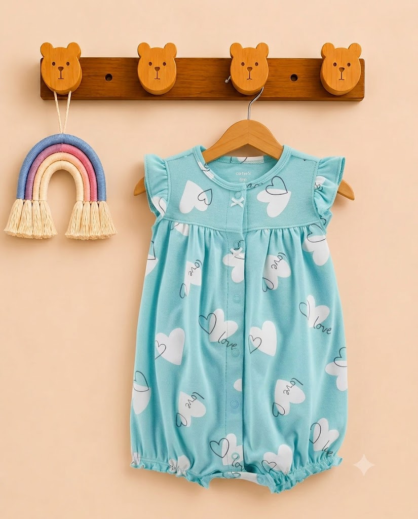 Blue Heart Print One-Piece Cotton Romper