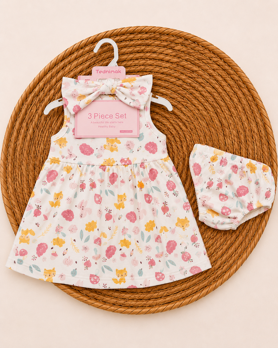 3- Pcs Fox Print Baby Dress (6 and 24 months)