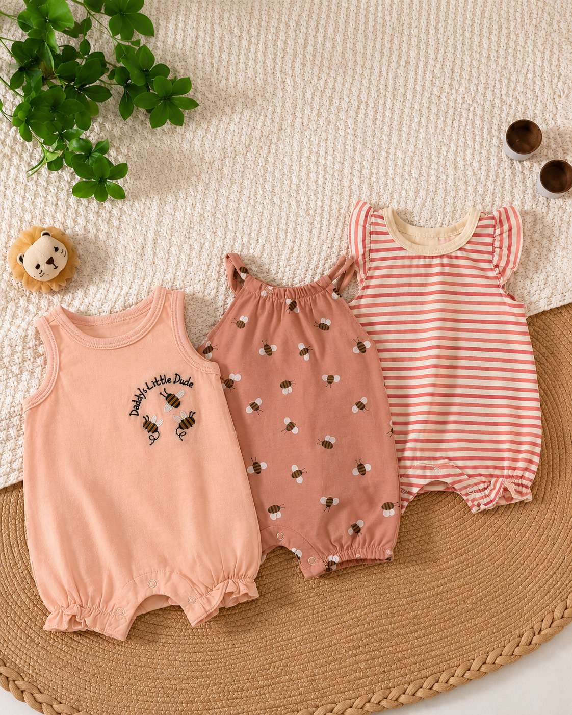 Bee Print 3-Piece Romper  Set (3-18 months)