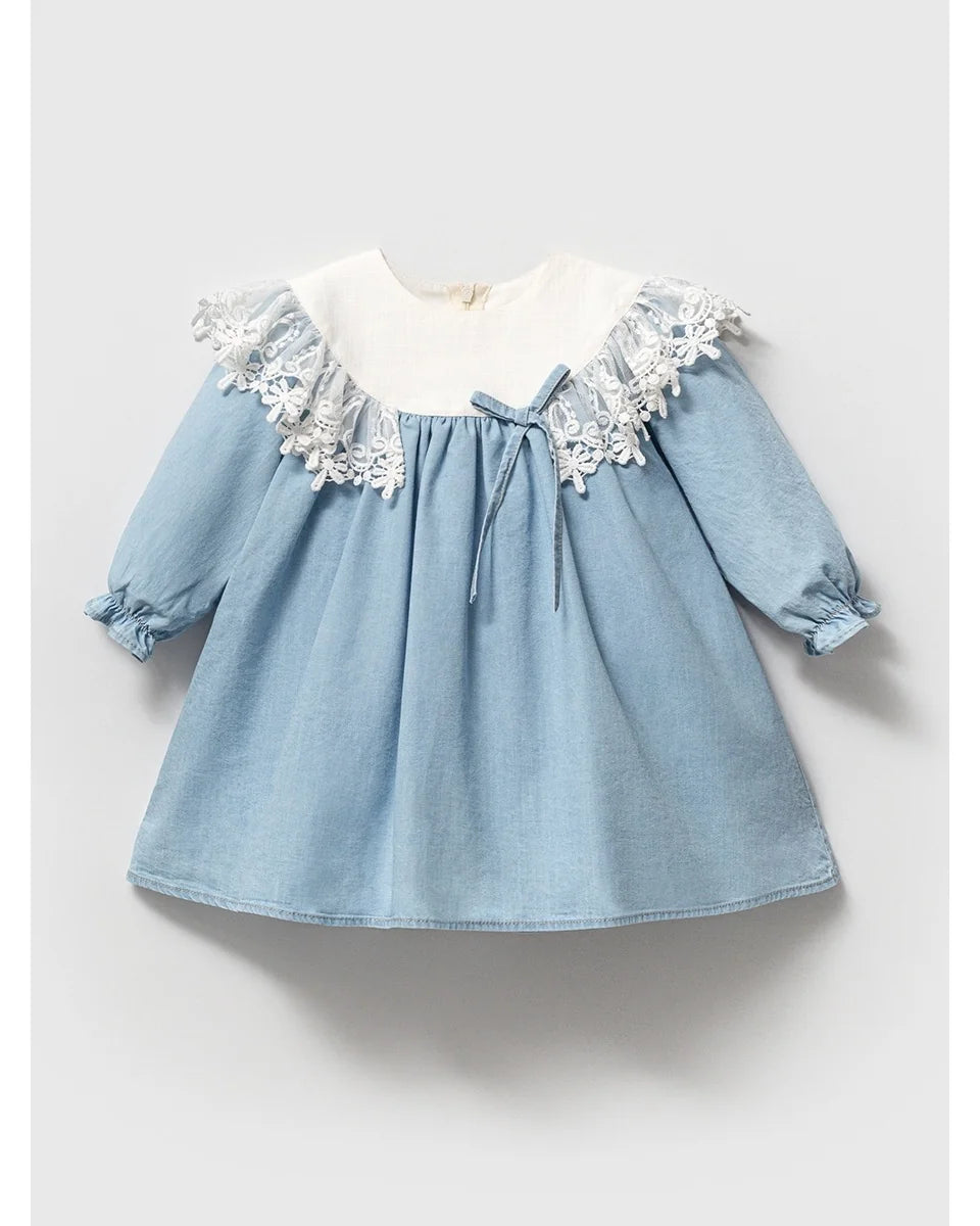 Denim Dress with White Lace Collar