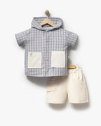Two-Piece Grid Pattern Hooded Set- Blue and Grey (2-3-4 years)