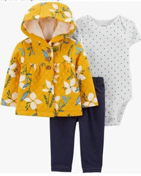 Yellow Quilted Floral Jacket 3-piece cotton set
