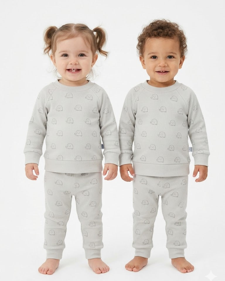 Unisex Grey Elephant Printed  Cotton Set (6-24 months)